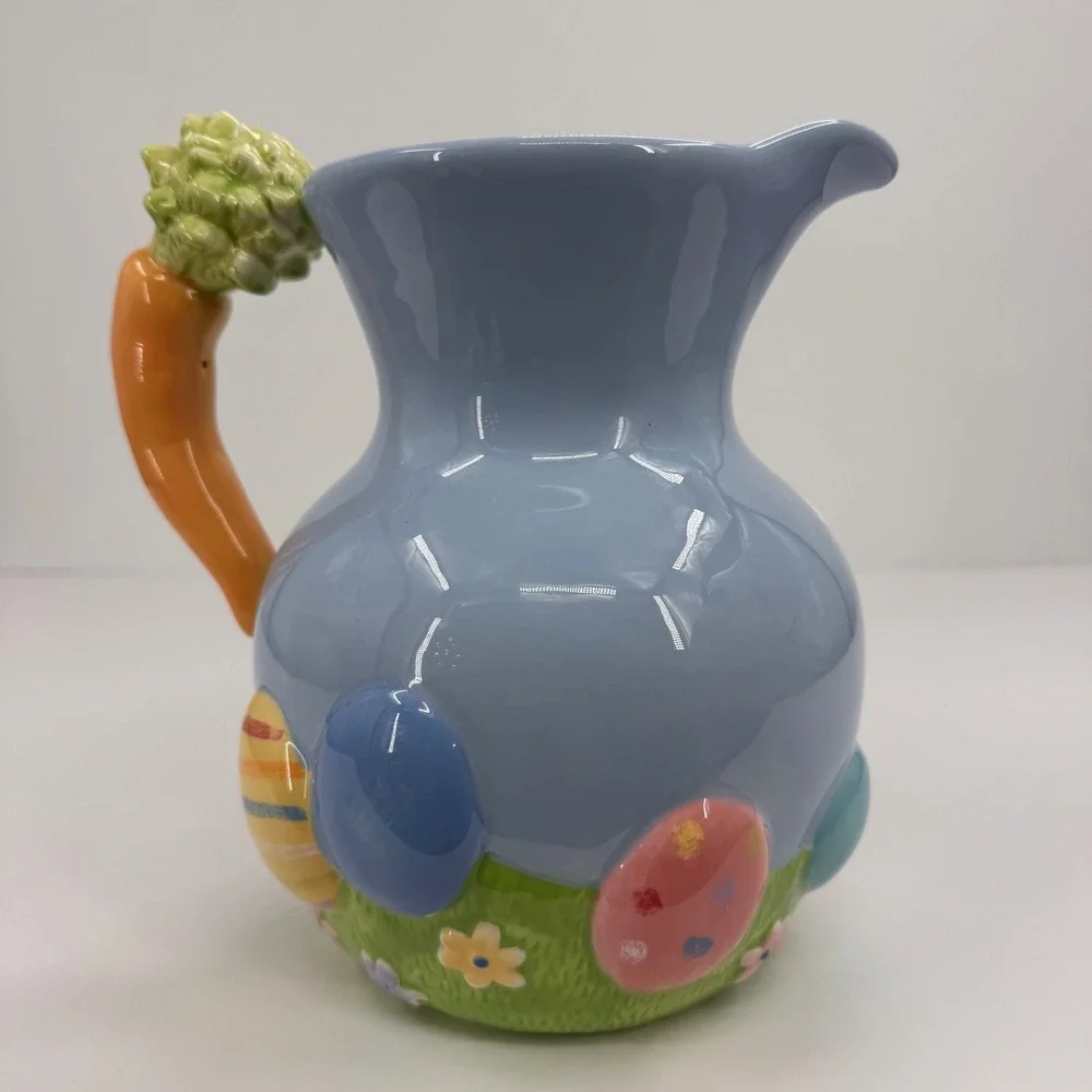 Blossoms & Blooms Easter‎ Bunny Rabbit Ceramic Pitcher Carrot Handle Blue 8
